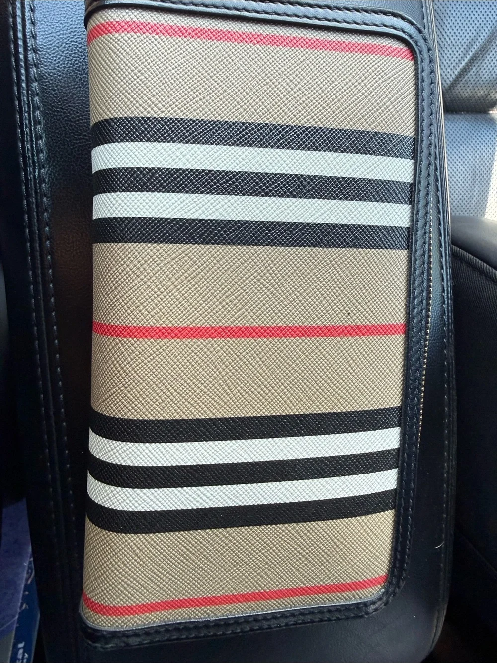 Burberry Beige Stripe Zip Wallet with Black and Red Accents